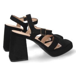 Sandalias fiesta tacón ancho y pala cruzada mujer negro