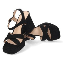 Sandalias fiesta tacón ancho y pala cruzada mujer negro