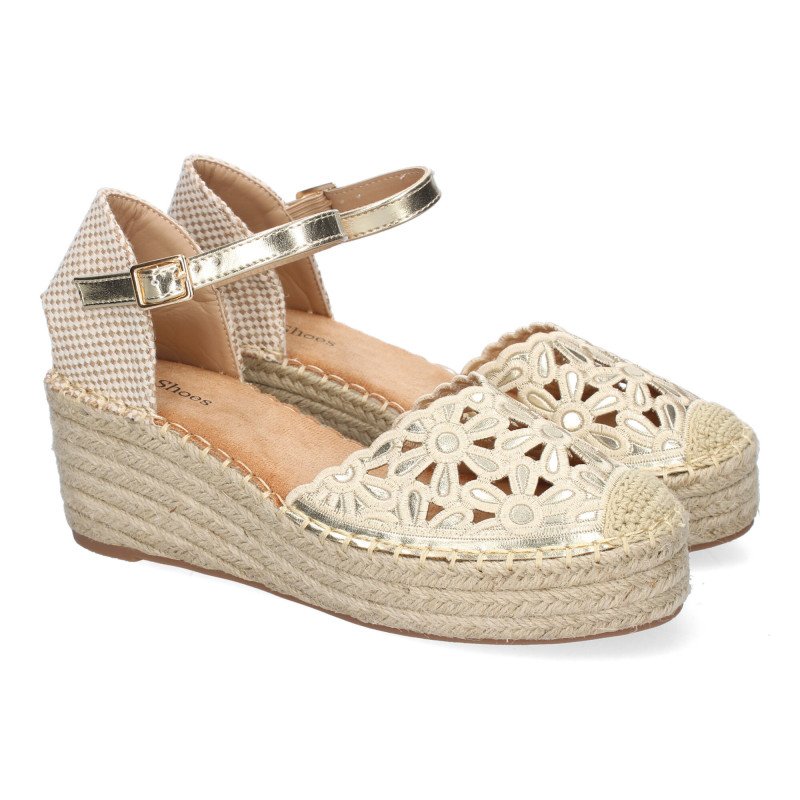 Alpargatas de cuña en yute pala floral bordada mujer beige 5U1