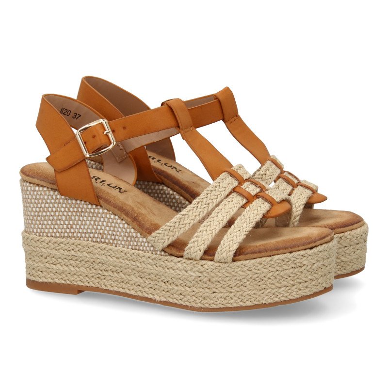 Sandalias de cuña en yute con plataforma para mujer color camel F230-48
