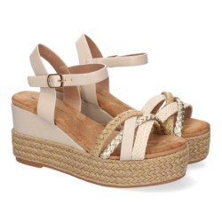 Sandalias de cuña y plataforma en yute hebilla para mujer color beige F260-14