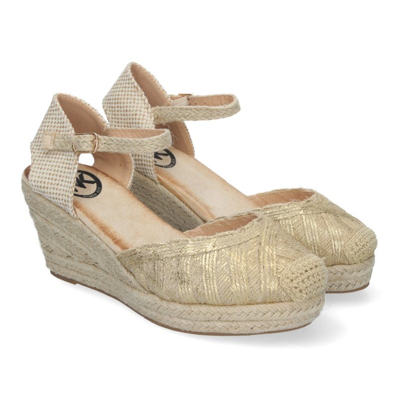 Sandalias de cuña en yute para mujer pala cerrada oro KK-956