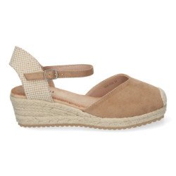 Sandalias de cuña baja en yute cierre hebilla para mujer color cuero VRA-693