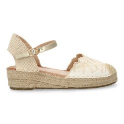 Sandalias doradas de cuña bajas en yute para mujer 9996