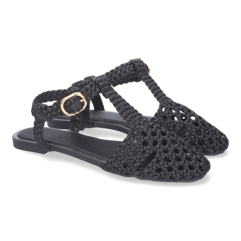 Sandalias planas para mujer diseño trenzado color negro 1U5