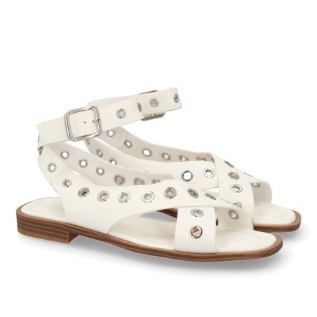 Sandalias planas cómodas ojales de metal para mujer color blanco 2287