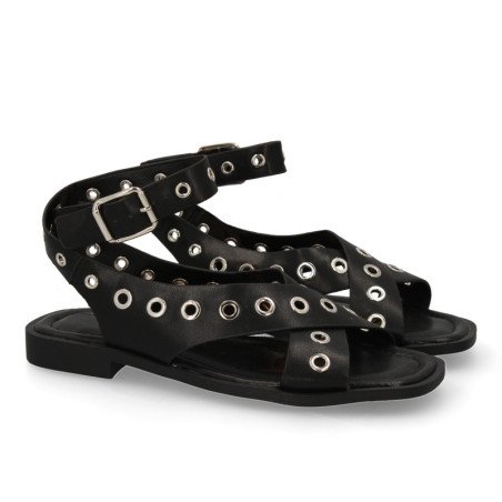 Sandalias planas cómodas ojales de metal para mujer color negro 2287
