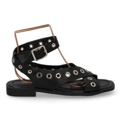 Sandalias planas cómodas ojales de metal para mujer color negro 2287