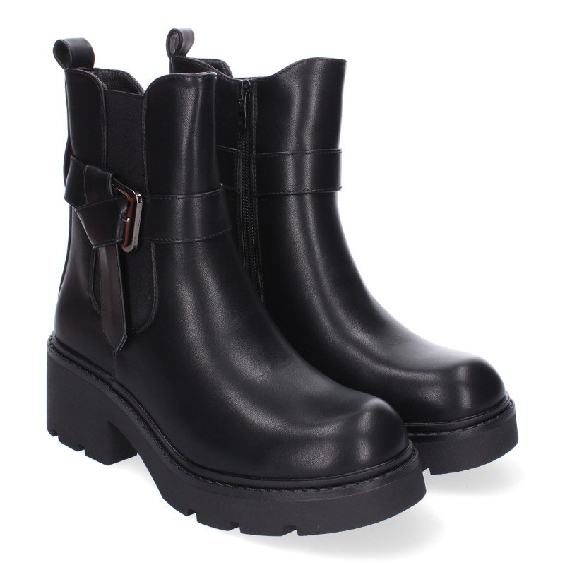 Botines de tacón bajo cómodo hebilla para mujer color negro 2420
