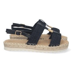 Sandalias planas forradas en yute hebilla mujer color negro