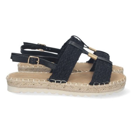 Sandalias planas forradas en yute hebilla mujer color negro