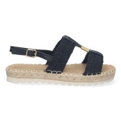 Sandalias planas forradas en yute hebilla mujer color negro