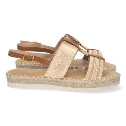 Sandalias planas forradas en yute hebilla mujer color champán