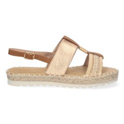 Sandalias planas forradas en yute hebilla mujer color champán
