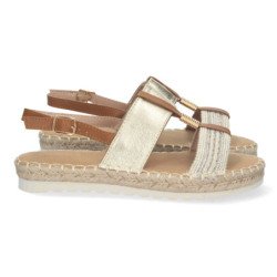 Sandalias doradas planas forradas en yute hebilla mujer
