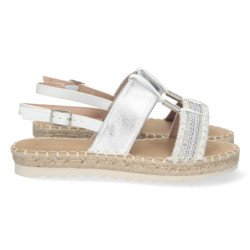 Sandalias plateadas planas forradas en yute hebilla mujer