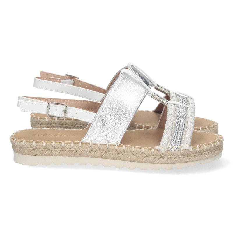 Sandalias plateadas planas forradas en yute hebilla mujer