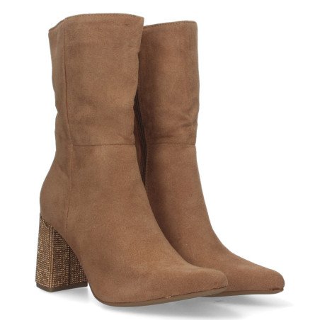 Botines con tacon medio de strass y punta fina mujer color camel