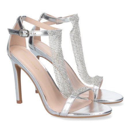 Sandalias plateadas de fiesta tacón alto brillante mujer 6864