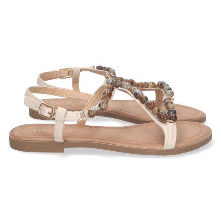 Sandalias planas cómoda con avalorios mujer color beige 7978