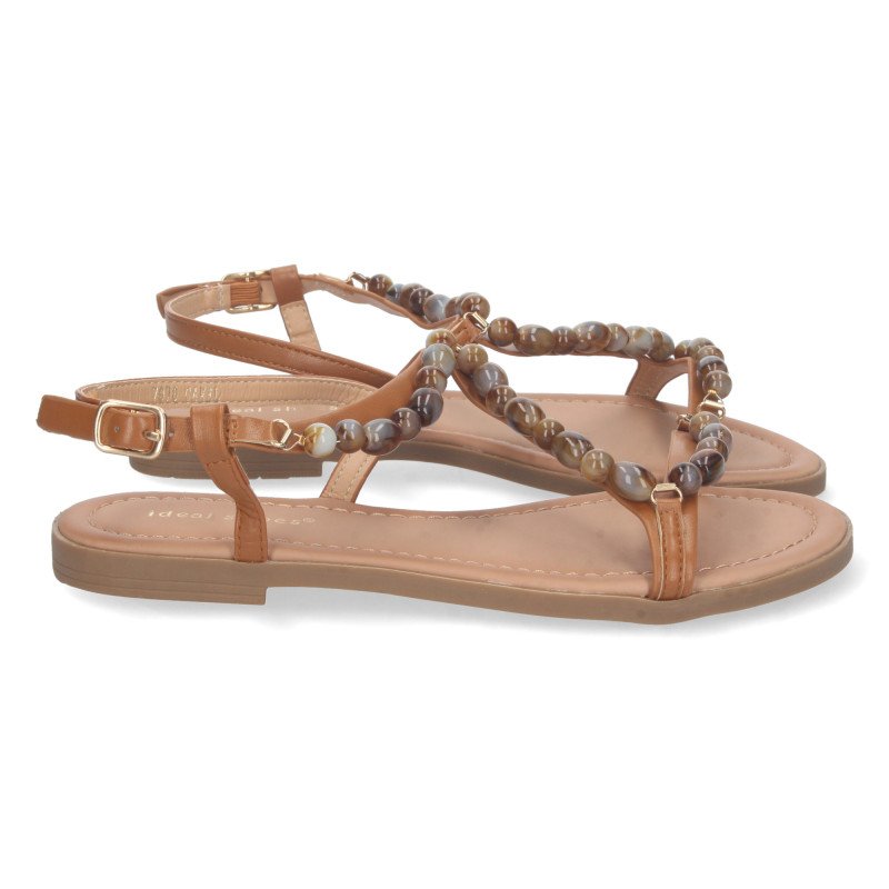 Sandalias planas cómoda con avalorios mujer color camel 7978