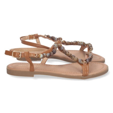 Sandalias planas cómoda con avalorios mujer color camel 7978