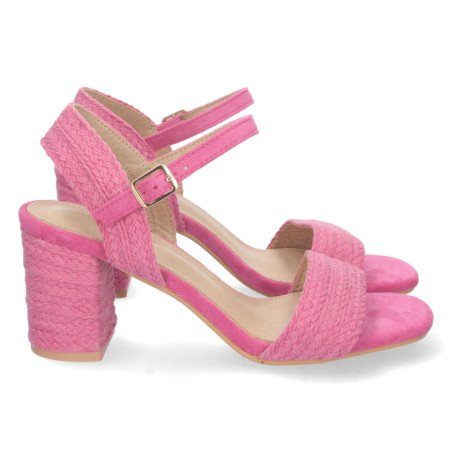Sandalias de tacón medio con yute y hebilla pala simple mujer color fucsia 8852