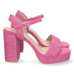 Sandalias de tacón alto con yute y hebilla pala simple mujer color fucsia 8873