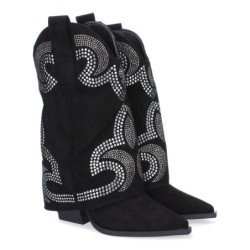 Botines de tacón cómodo estilo campero polaina para mujer color negro 9657A