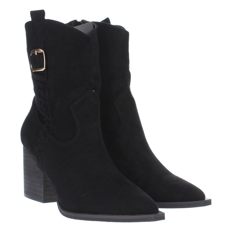 Botines tacón camperos punta fina detalle treza mujer color negro
