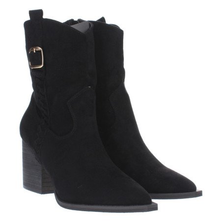 Botines tacón camperos punta fina detalle treza mujer color negro