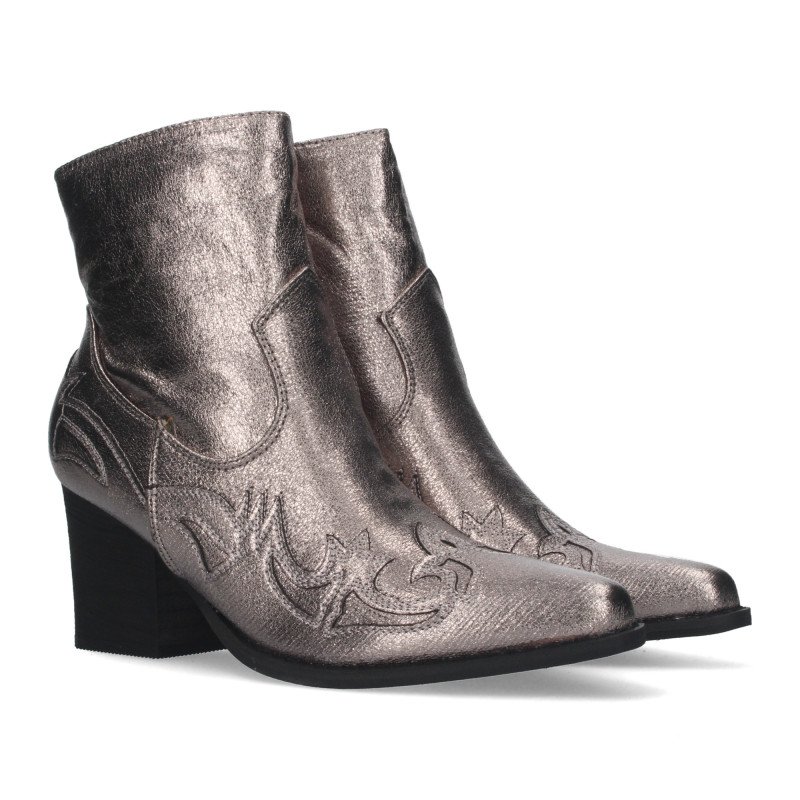 Botines camperos tacón medio estilo cowboy mujer gris metálico