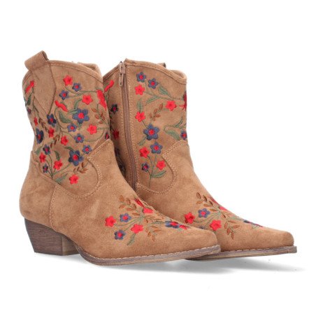 Botines tacón bajo cómodo bordado flores mujer marrón A-2463