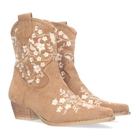 Botines tacón bajo cómodo bordado flores mujer camel A-3007