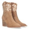 Botines tacón medio cómodo bordado flores mujer camel A-3008
