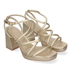 Sandalias doradas de tacón cómodo con tiras para fiesta mujer A-3257