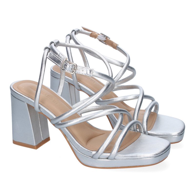 Sandalias plateadas de tacón cómodo con tiras para fiesta mujer A-3257 Sandalias plateadas de tacón cómodo con tiras para fiesta mujer A-3257