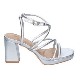 Sandalias plateadas  de tacón cómodo con tiras para fiesta mujer A-3257