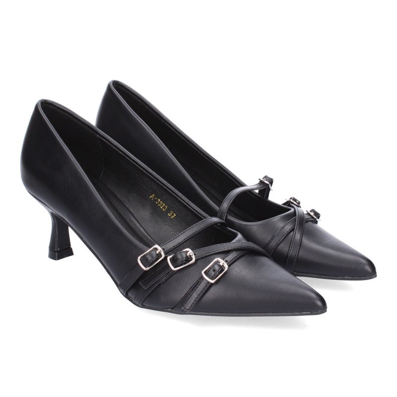 Zapatos tacón bajo de vestir hebillas mujer color negro A-3323