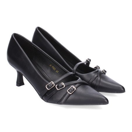 Zapatos tacón bajo de vestir hebillas mujer color negro A-3323