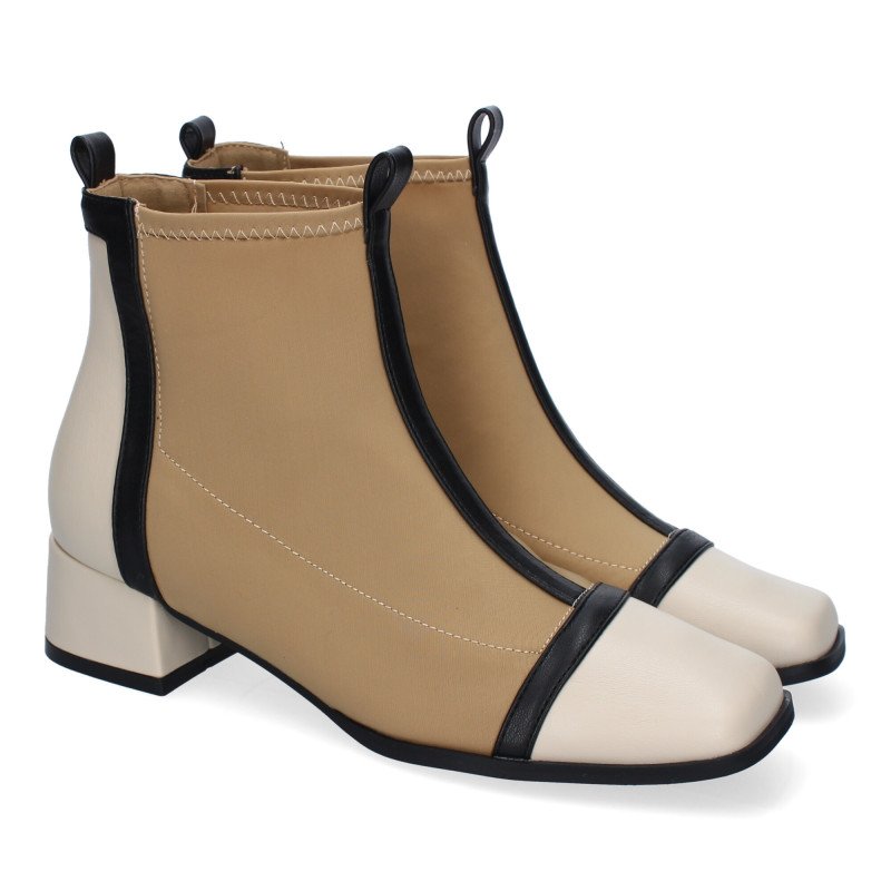 Botines elegantes tacón bajo cómodo punta redonda para mujer color beige A-3446