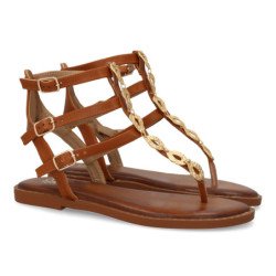 Sandalias planas cómodas para mujer hebillas color camel AA-28