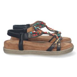 Sandalias planas cómodas tiras decoradas mujer negro AF-2329