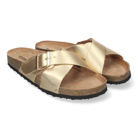 Sandalias doradas planas planta bio pala cruzada para mujer AY-2239
