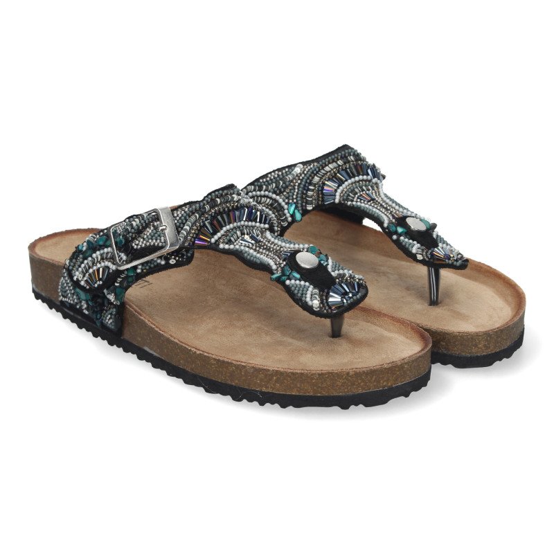 Sandalias planas estilo bio esclava para mujer color negro AY-3066