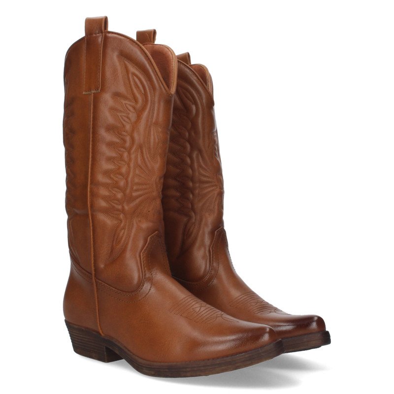 Botas altas tacón campero bajo para mujer color cuero C19004-4