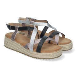 Sandalias de plataforma en yute planas tiras para mujer negro CF-2457