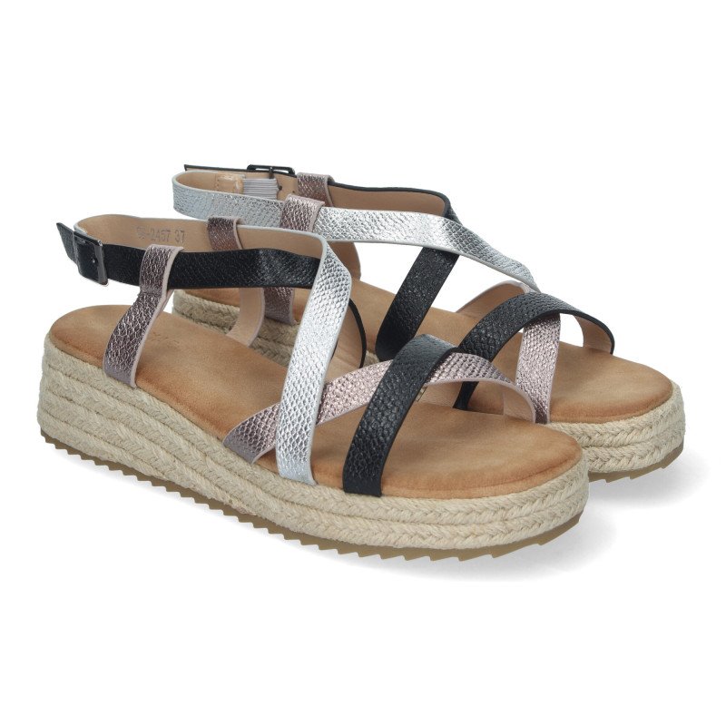 Sandalias de plataforma en yute planas tiras para mujer negro CF-2457