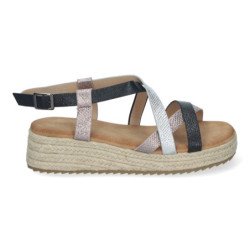 Sandalias de plataforma en yute planas tiras para mujer negro CF-2457