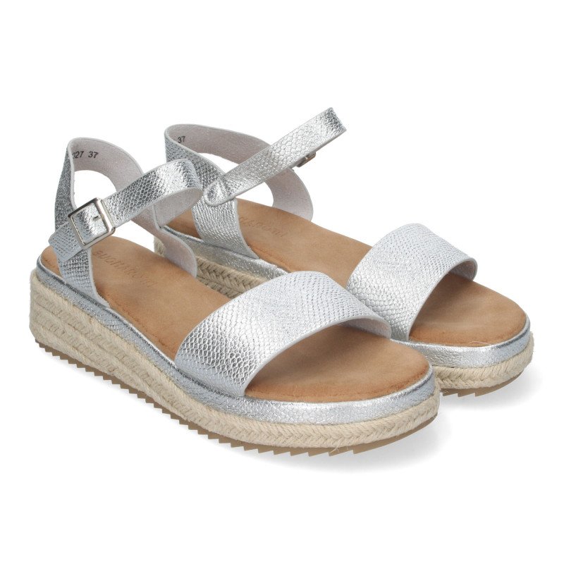 Sandalias plateadas planas en yute para mujer comodas CF-3027